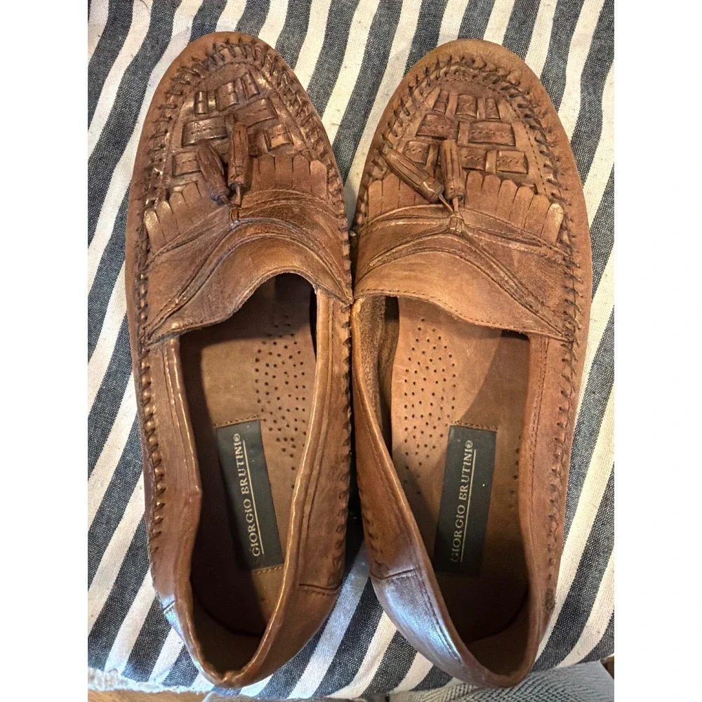 Giorgio Brutini Bartell Mens 8.5 Brown Leather Woven Kiltie Tassel Loafers